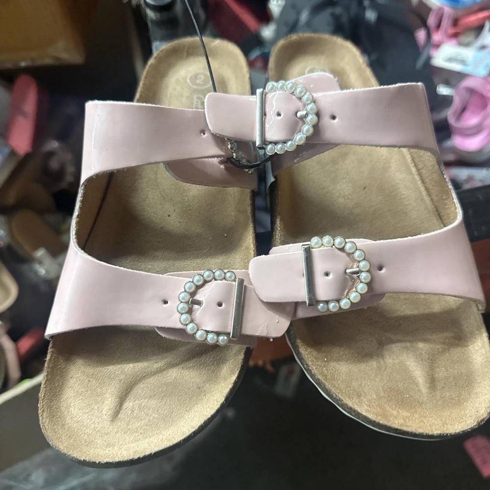 Cat & Jack Double Strap Slides Girls Size 2 Blush Pink New Pearl Buckle